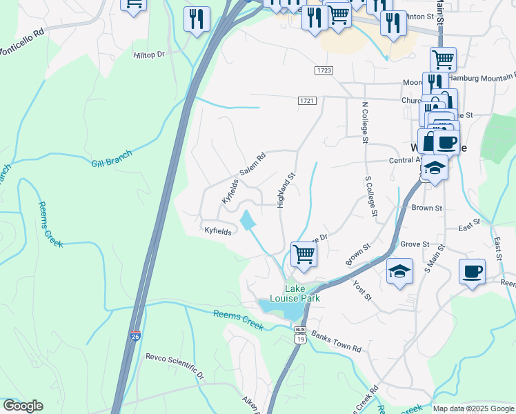 map of restaurants, bars, coffee shops, grocery stores, and more near 210 Kyfields Dr in Weaverville