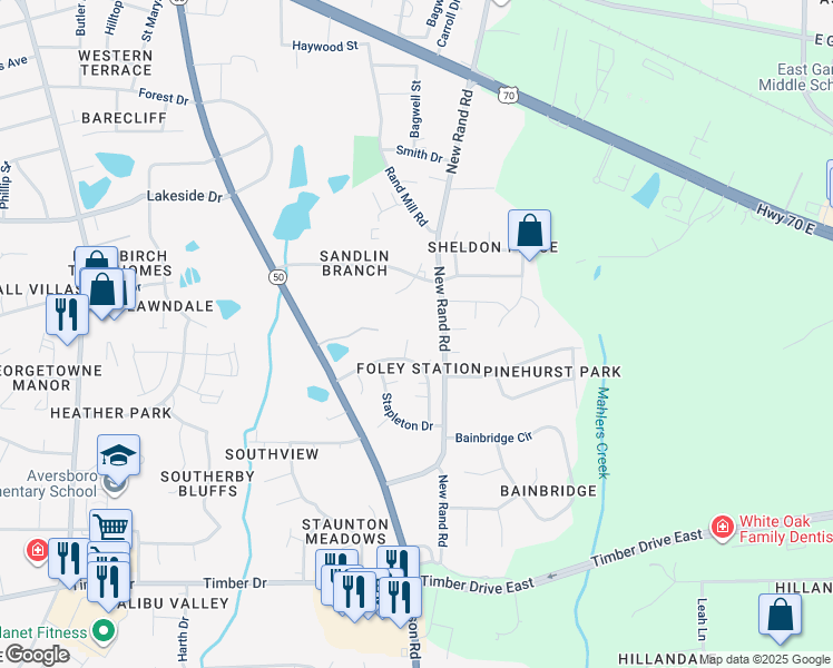 map of restaurants, bars, coffee shops, grocery stores, and more near 1203 Silverhill Court in Garner
