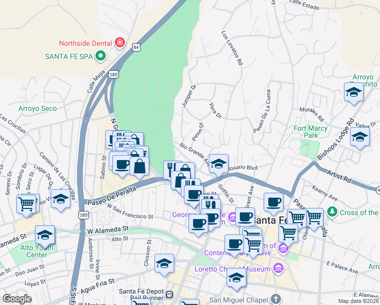 map of restaurants, bars, coffee shops, grocery stores, and more near 516 Rio Grande Avenue in Santa Fe