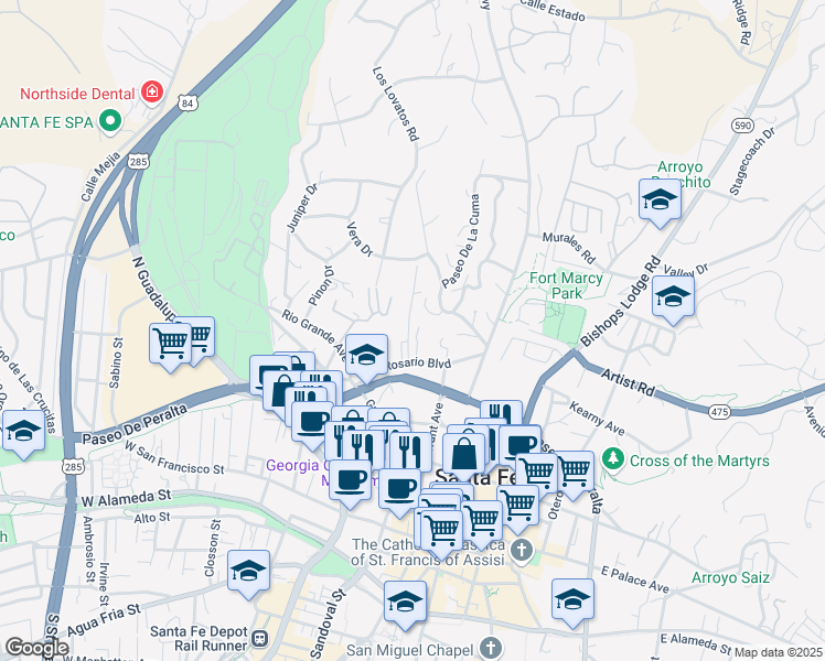 map of restaurants, bars, coffee shops, grocery stores, and more near 521 Del Norte Lane in Santa Fe
