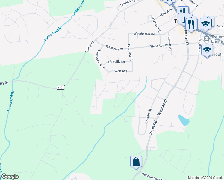 map of restaurants, bars, coffee shops, grocery stores, and more near 109 Queensbury Road in Troutman