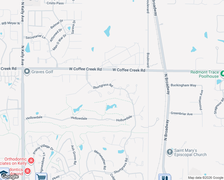 map of restaurants, bars, coffee shops, grocery stores, and more near 3821 Woodshadow Road in Edmond