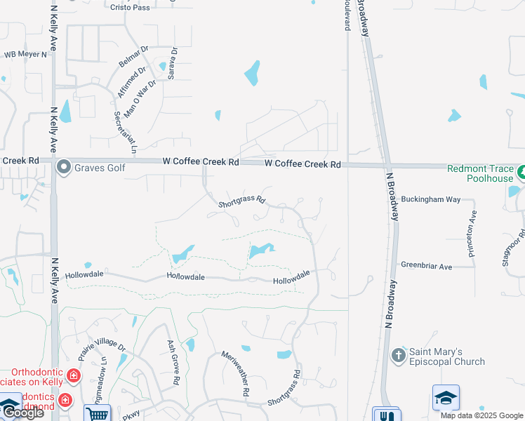 map of restaurants, bars, coffee shops, grocery stores, and more near 3821 Woodshadow Rd in Edmond