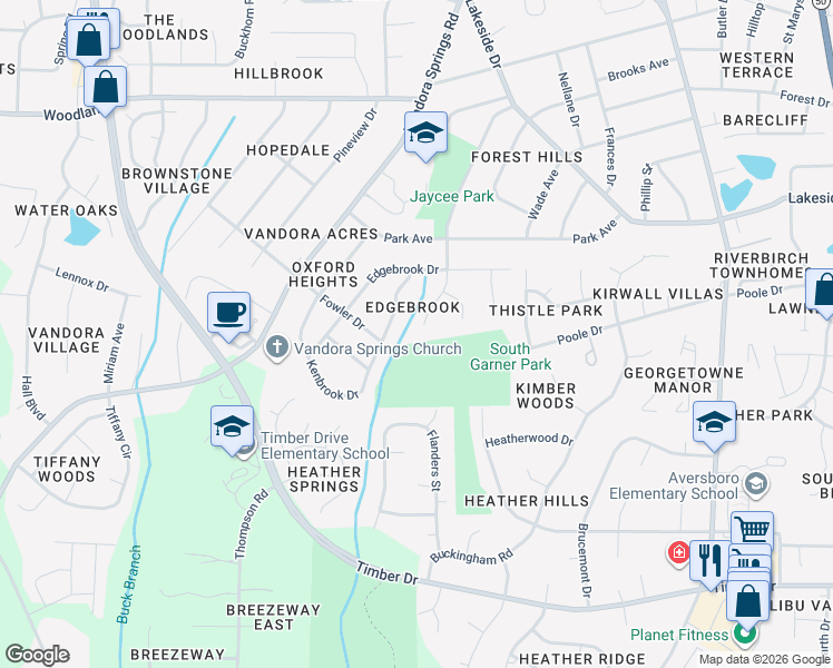 map of restaurants, bars, coffee shops, grocery stores, and more near 1610 Sycamore Drive in Garner