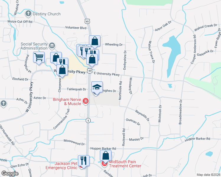 map of restaurants, bars, coffee shops, grocery stores, and more near 73 Hughes Drive in Jackson