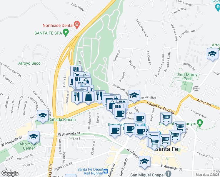 map of restaurants, bars, coffee shops, grocery stores, and more near 616 Griffin St in Santa Fe