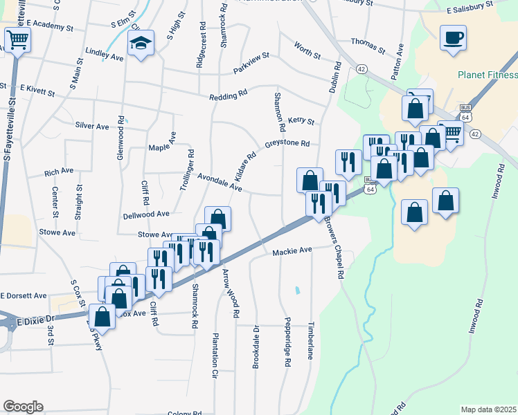 map of restaurants, bars, coffee shops, grocery stores, and more near 919 Kenmore Street in Asheboro
