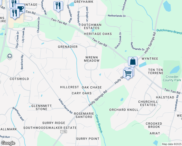 map of restaurants, bars, coffee shops, grocery stores, and more near 4300 Winding Oak Way in Apex