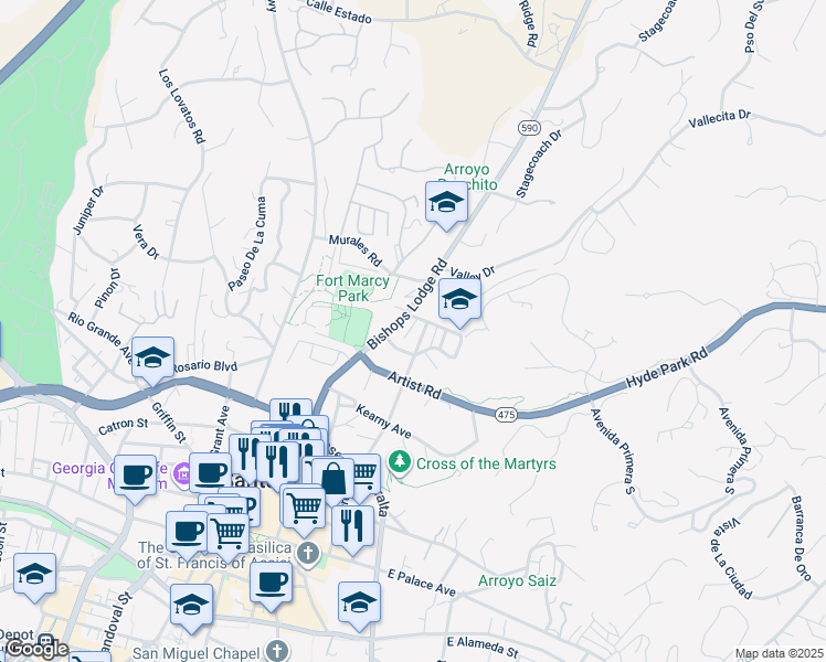 map of restaurants, bars, coffee shops, grocery stores, and more near 604 Sunset Street in Santa Fe