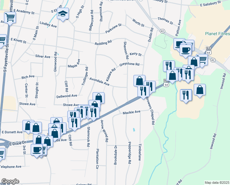 map of restaurants, bars, coffee shops, grocery stores, and more near 919 Kenmore Street in Asheboro