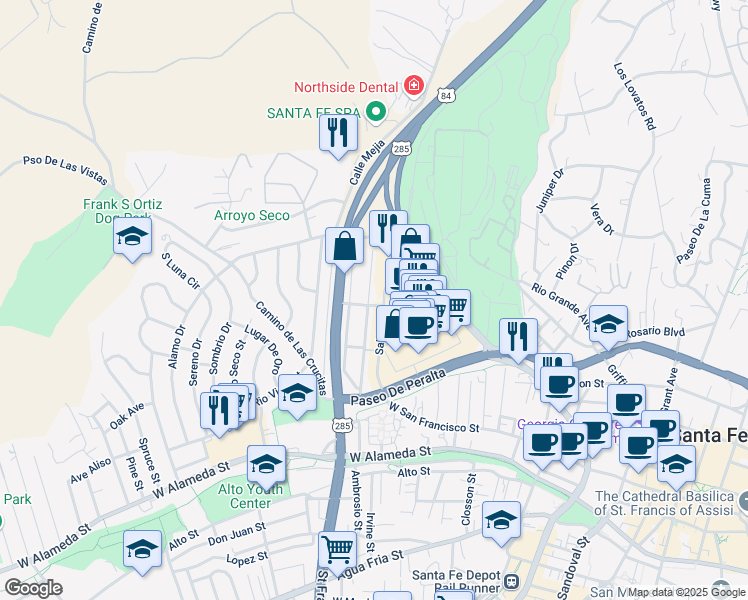 map of restaurants, bars, coffee shops, grocery stores, and more near 305 Fiesta Street in Santa Fe