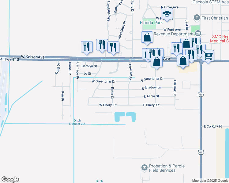 map of restaurants, bars, coffee shops, grocery stores, and more near 109 West Shadow Lane in Osceola