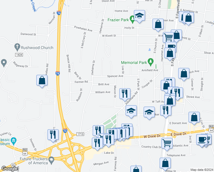map of restaurants, bars, coffee shops, grocery stores, and more near 727 Britt Avenue in Asheboro