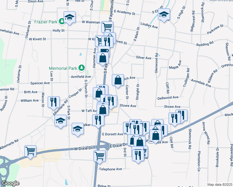 map of restaurants, bars, coffee shops, grocery stores, and more near 955 South Cox Street in Asheboro