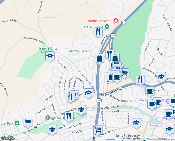 map of restaurants, bars, coffee shops, grocery stores, and more near 824 Rio Vista Street in Santa Fe