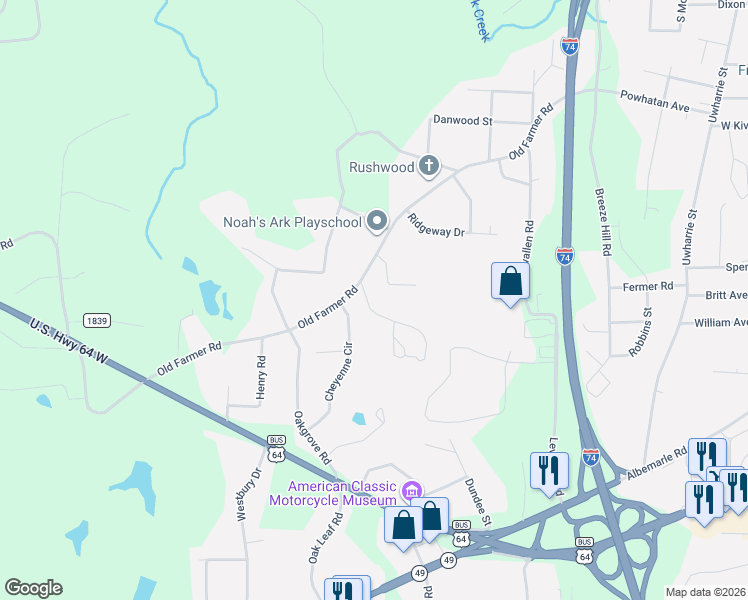 map of restaurants, bars, coffee shops, grocery stores, and more near 2137 Old Farmer Road in Asheboro