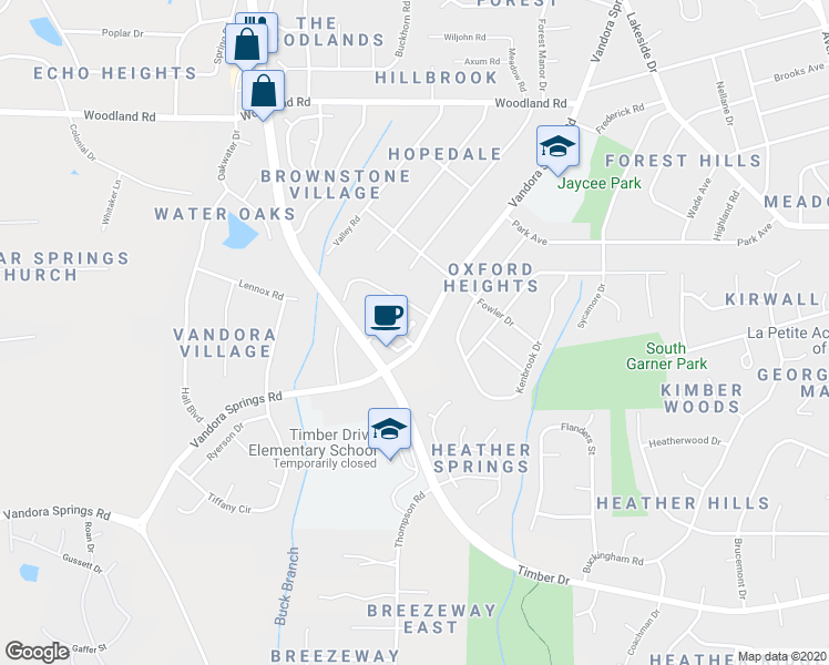 map of restaurants, bars, coffee shops, grocery stores, and more near 100 Grand Springs Court in Garner