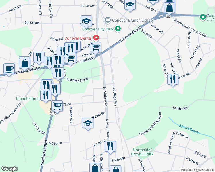 map of restaurants, bars, coffee shops, grocery stores, and more near 2814 North Main Avenue in Hickory
