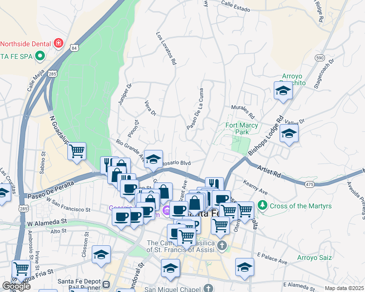 map of restaurants, bars, coffee shops, grocery stores, and more near 620 Paseo De La Cuma in Santa Fe