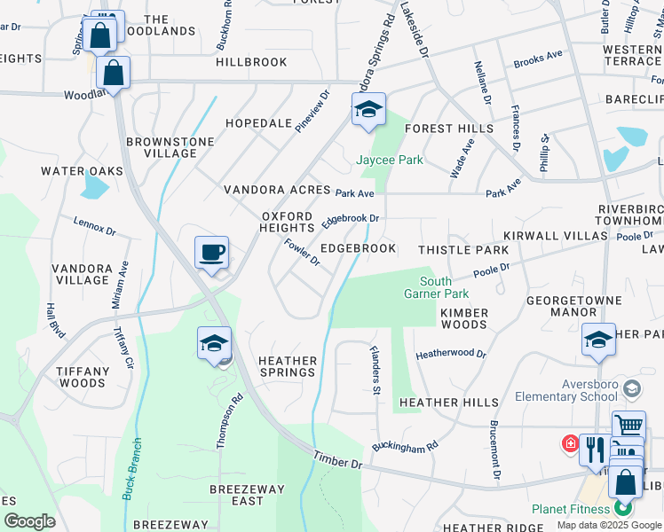 map of restaurants, bars, coffee shops, grocery stores, and more near 1412 Kenbrook Drive in Garner
