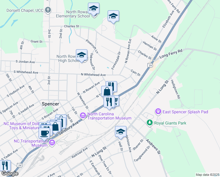 map of restaurants, bars, coffee shops, grocery stores, and more near Jefferson Street in Spencer