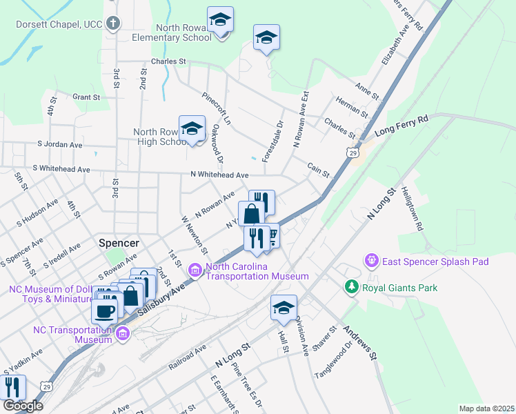 map of restaurants, bars, coffee shops, grocery stores, and more near Jefferson Street in Spencer