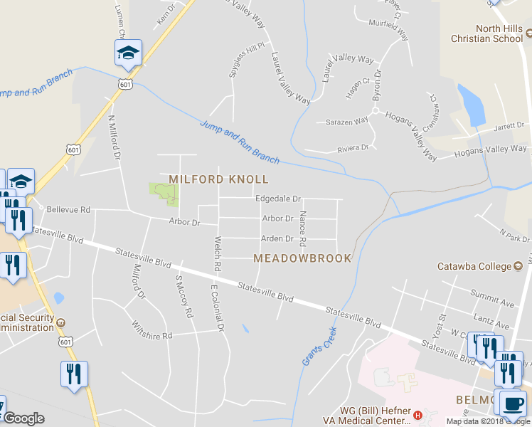 map of restaurants, bars, coffee shops, grocery stores, and more near 1224 Arbor Drive in Salisbury