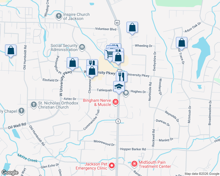 map of restaurants, bars, coffee shops, grocery stores, and more near 29 Tahlequah Drive in Jackson