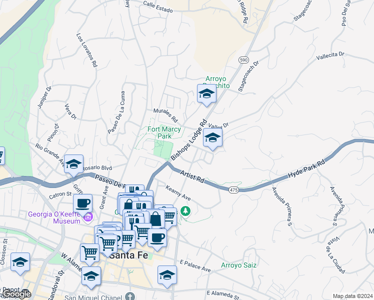 map of restaurants, bars, coffee shops, grocery stores, and more near 105 Callecita Place in Santa Fe