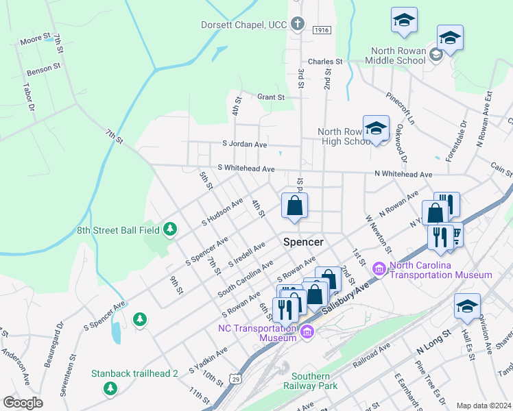 map of restaurants, bars, coffee shops, grocery stores, and more near 606 4th Street in Spencer