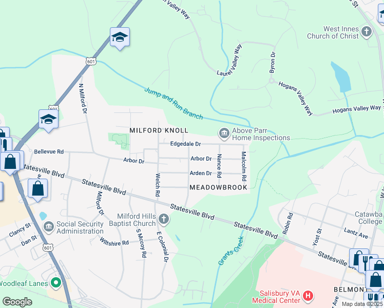 map of restaurants, bars, coffee shops, grocery stores, and more near 1224 Arbor Drive in Salisbury
