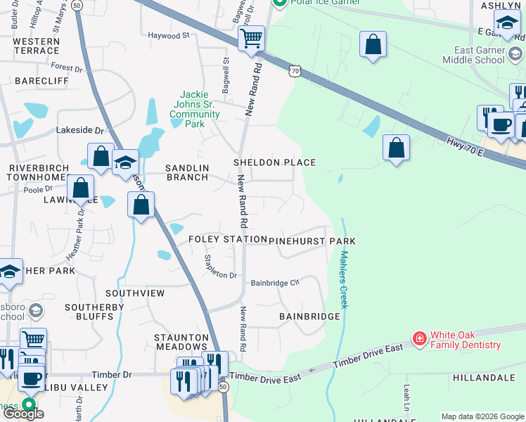 map of restaurants, bars, coffee shops, grocery stores, and more near 118 Omaha Falls Court in Garner