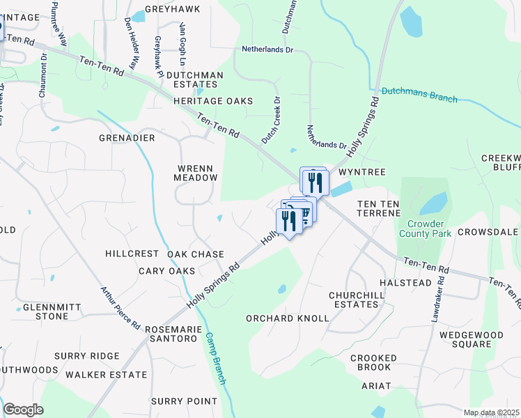 map of restaurants, bars, coffee shops, grocery stores, and more near 3205 Treewood Lane in Apex