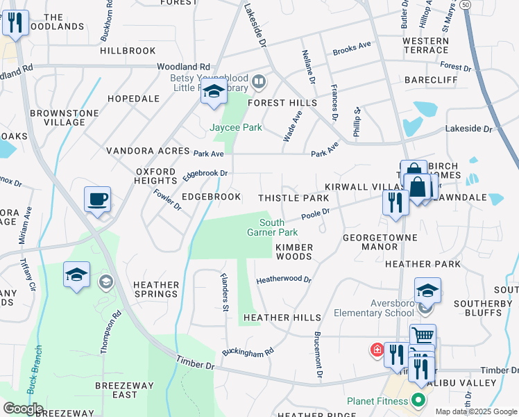 map of restaurants, bars, coffee shops, grocery stores, and more near 110 Bluegrass Drive in Garner