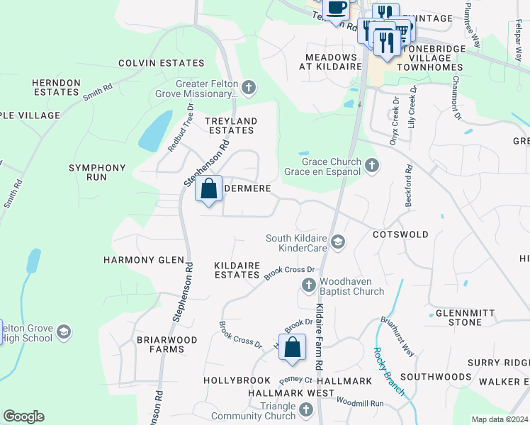 map of restaurants, bars, coffee shops, grocery stores, and more near 108 Morganford Place in Cary