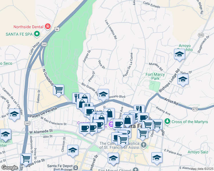 map of restaurants, bars, coffee shops, grocery stores, and more near 410 Rosario Hill in Santa Fe
