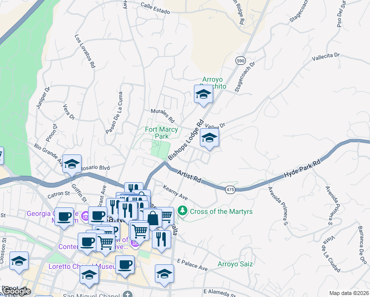 map of restaurants, bars, coffee shops, grocery stores, and more near 105 Callecita Place in Santa Fe