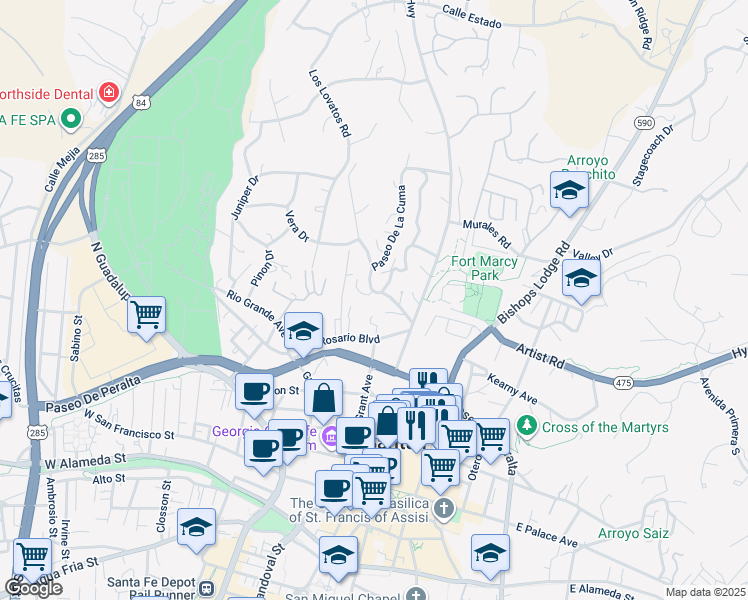 map of restaurants, bars, coffee shops, grocery stores, and more near 510 Old Taos Highway in Santa Fe