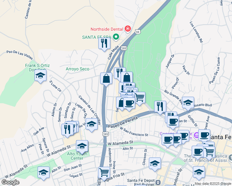 map of restaurants, bars, coffee shops, grocery stores, and more near 305 Fiesta Street in Santa Fe