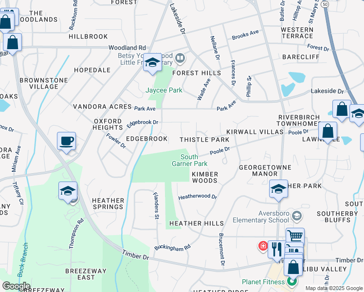 map of restaurants, bars, coffee shops, grocery stores, and more near 110 Bluegrass Drive in Garner
