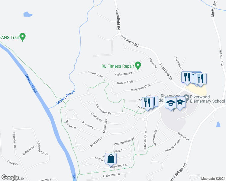 map of restaurants, bars, coffee shops, grocery stores, and more near 409 Collinsworth Drive in Clayton
