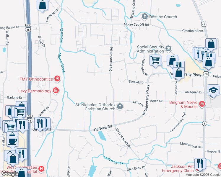 map of restaurants, bars, coffee shops, grocery stores, and more near 460 Old Humboldt Road in Jackson