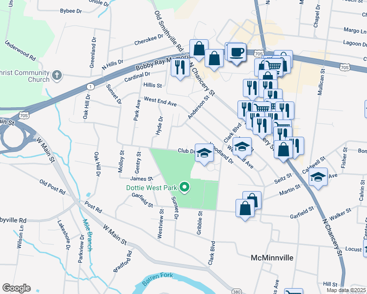 map of restaurants, bars, coffee shops, grocery stores, and more near 138 Club Drive in McMinnville