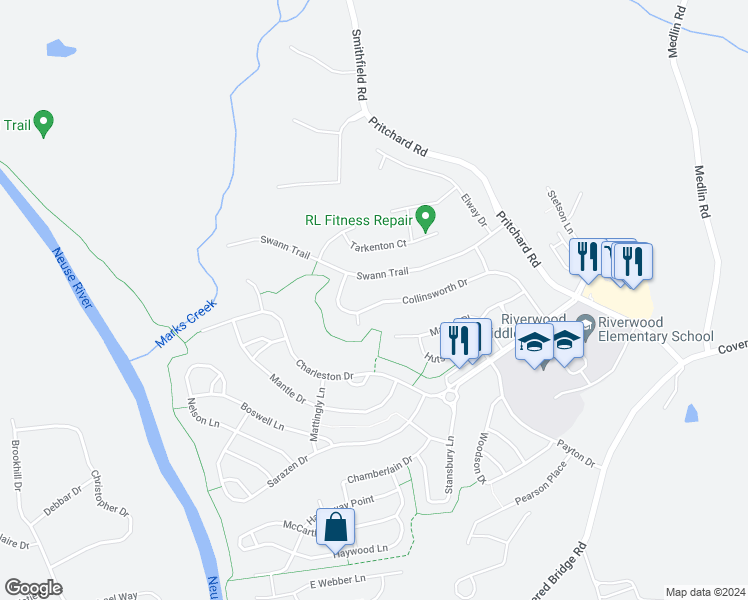 map of restaurants, bars, coffee shops, grocery stores, and more near 381 Collinsworth Drive in Clayton