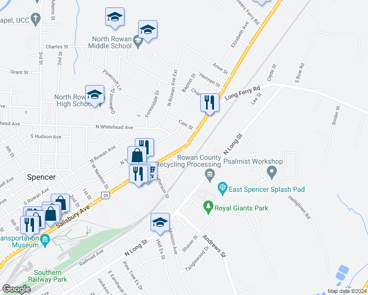 map of restaurants, bars, coffee shops, grocery stores, and more near 436 Salisbury Avenue in Spencer