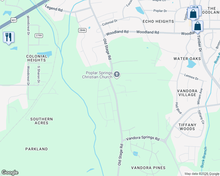 map of restaurants, bars, coffee shops, grocery stores, and more near 6117-6299 Old Stage Road in Raleigh