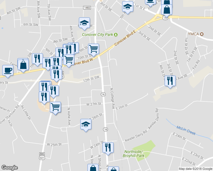 map of restaurants, bars, coffee shops, grocery stores, and more near 1 East Boundary Street in Newton