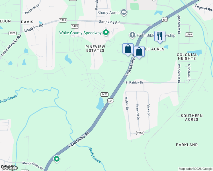 map of restaurants, bars, coffee shops, grocery stores, and more near 6000-6294 Fayetteville Road in Raleigh