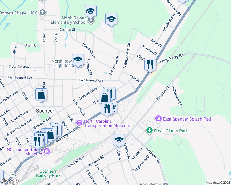 map of restaurants, bars, coffee shops, grocery stores, and more near 112 Jefferson Street in Spencer