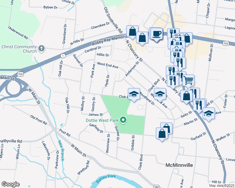 map of restaurants, bars, coffee shops, grocery stores, and more near 138 Club Drive in McMinnville